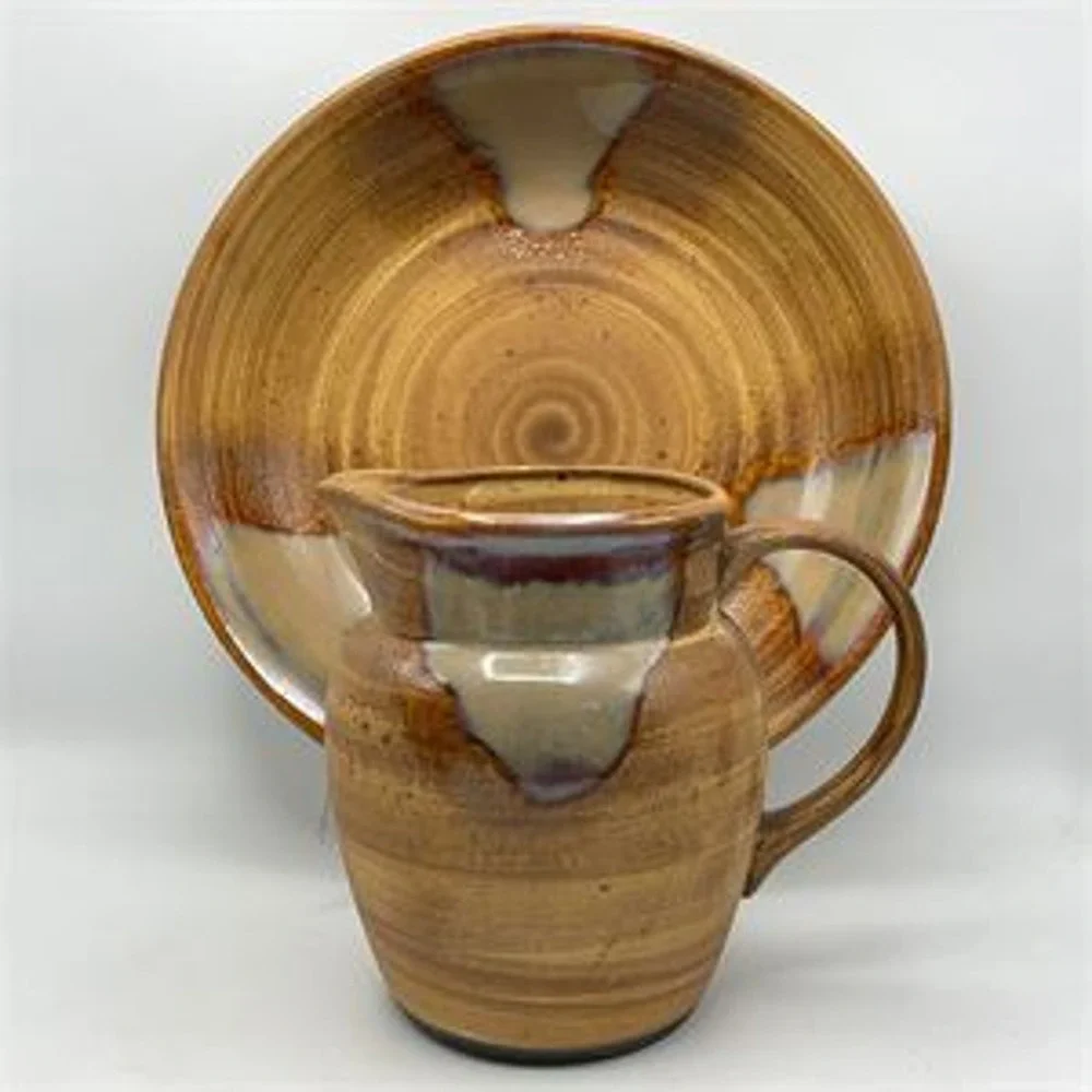 Sango Magma 4821 Stoneware Pitcher and Wash Basin Set Brown Reactive Glaze